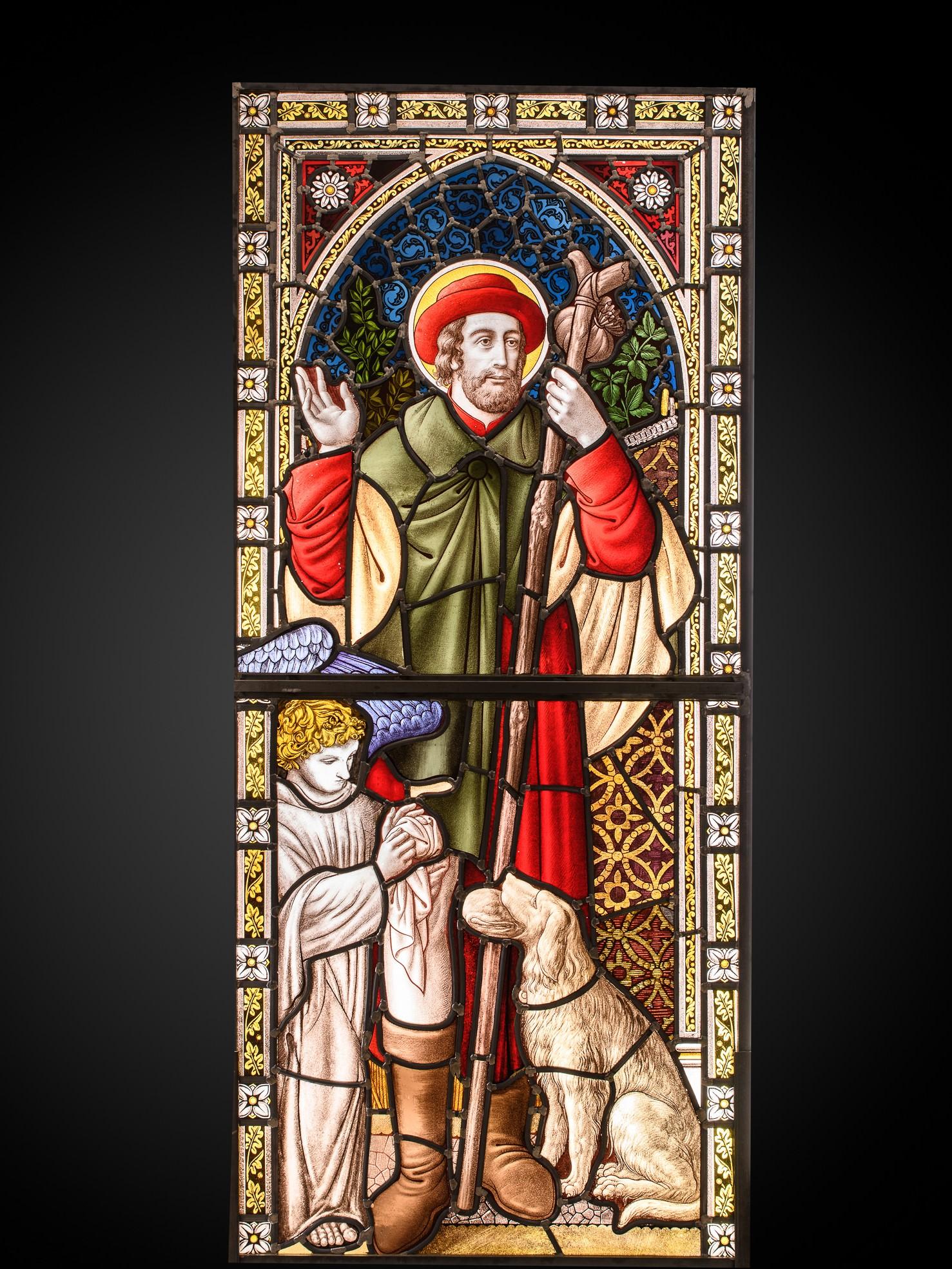 Unknown Figurative Painting - Neo-Gothic Stained Glass Window with St. Roch, Belgium