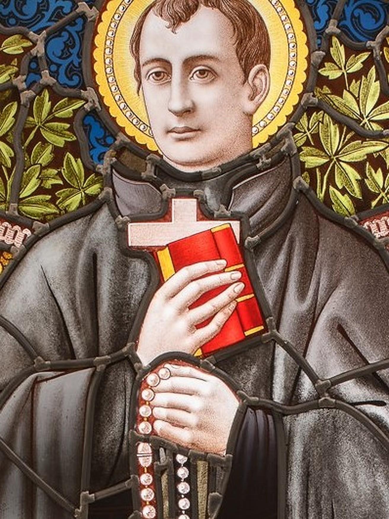 Neo-Gothic Stained Glass Window with St. John Berchmans. - Black Figurative Painting by Unknown