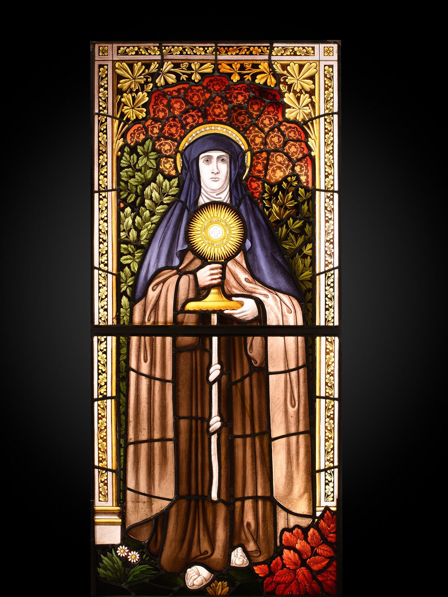 Neo-Gothic Stained Glass Window with Saint Clare of Assisi. - Art by Unknown