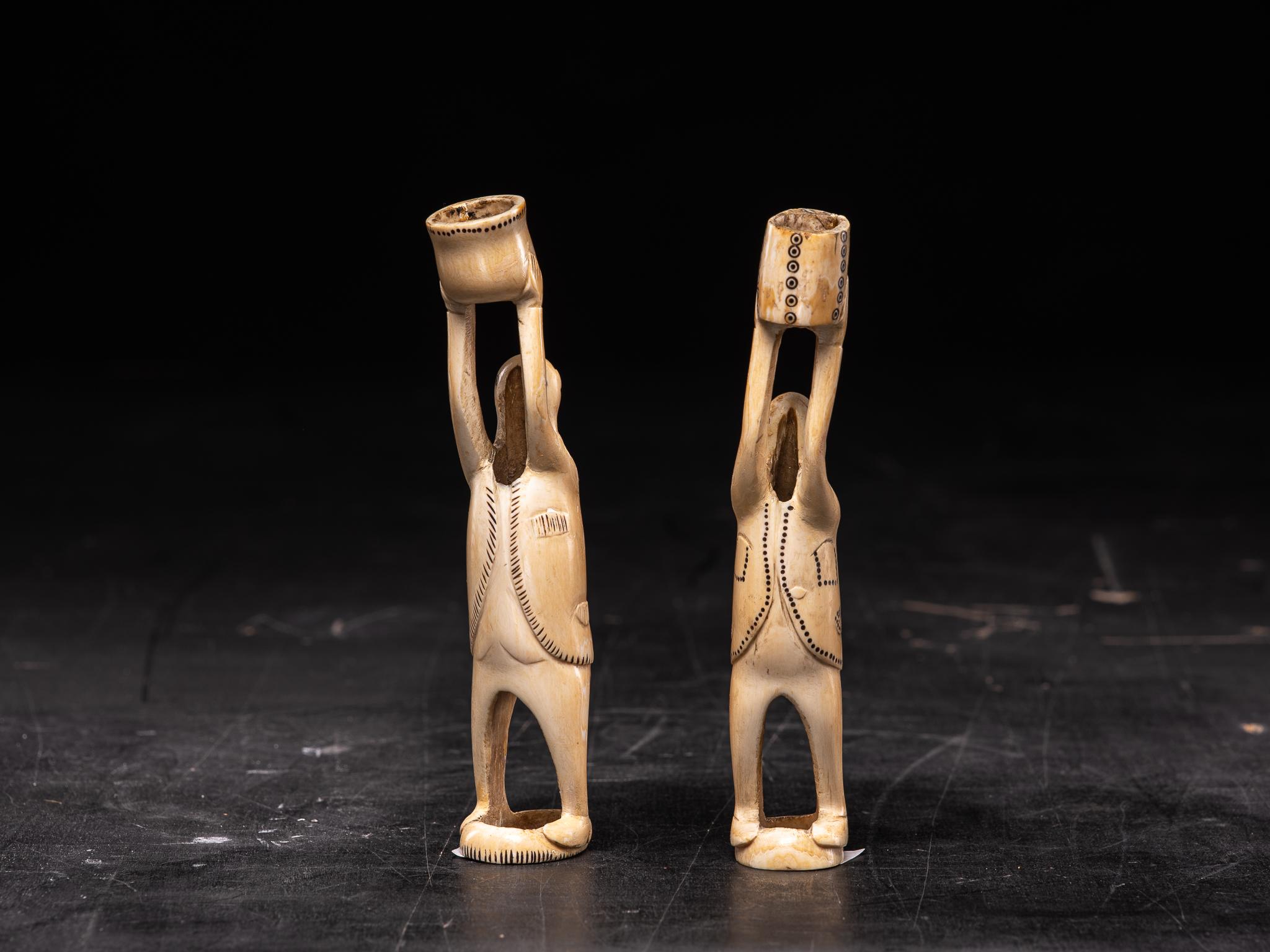 Pair of 19th C Inuit Male Statues carved in Walrus Tusk - Art by Unknown