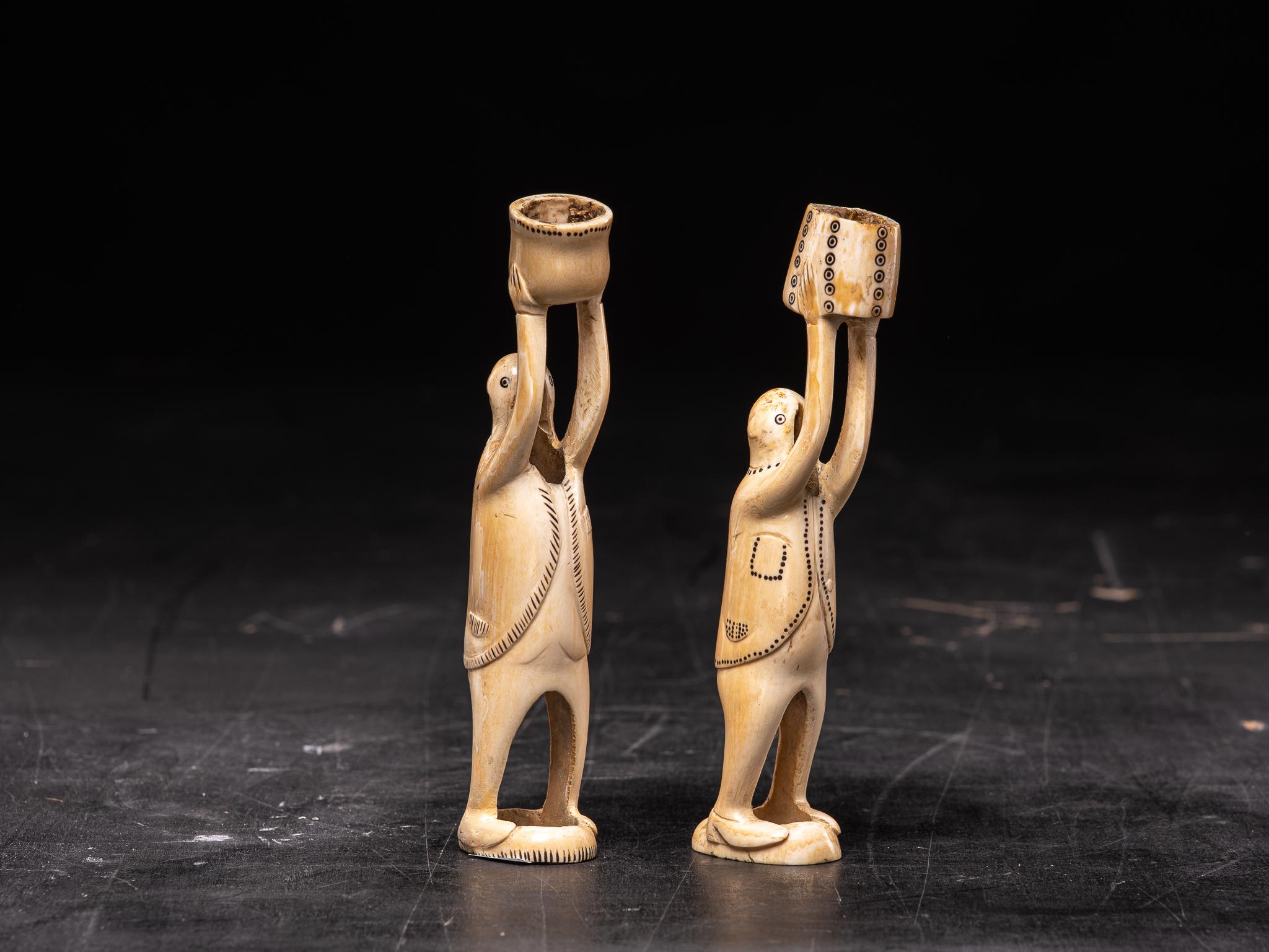 Pair of 19th C Inuit Male Statues carved in Walrus Tusk For Sale 5