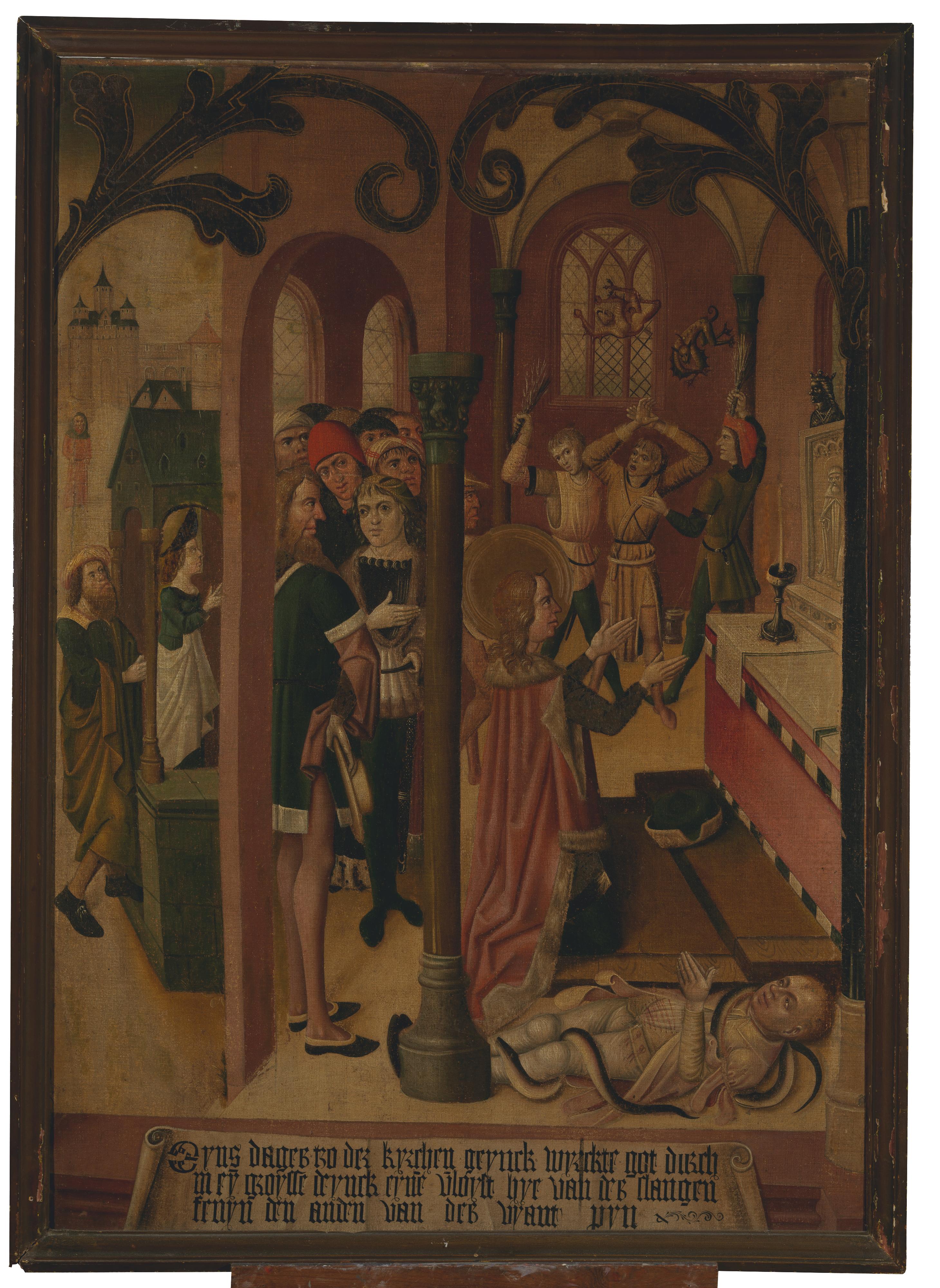 Late 15th C, Tüchlein with Saint Egidius healing a Posessed Man - Art by Unknown