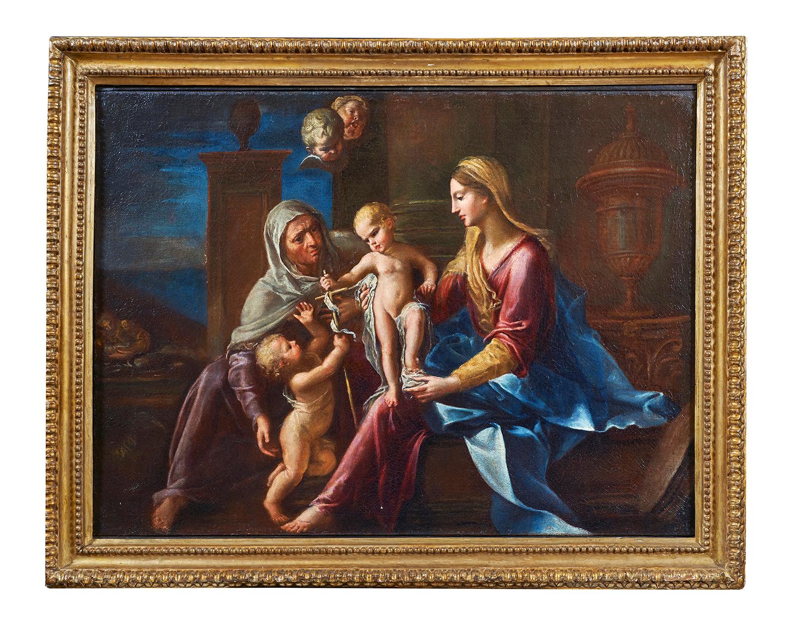 Painting oil on canvas depicting a holy family with S. Anna and San Giovannino measures 69 x 89 without frame and 83 x 103 with frame of the painter Francesco Cozza (Stilo 1605 - Roma 1682). 

This sacred scene depicting the Virgin who supports the