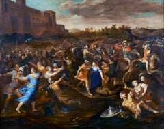 Antique 17th Century Francesco Allegrini the Rape of Sabines Oil on Canvas Orange Blue