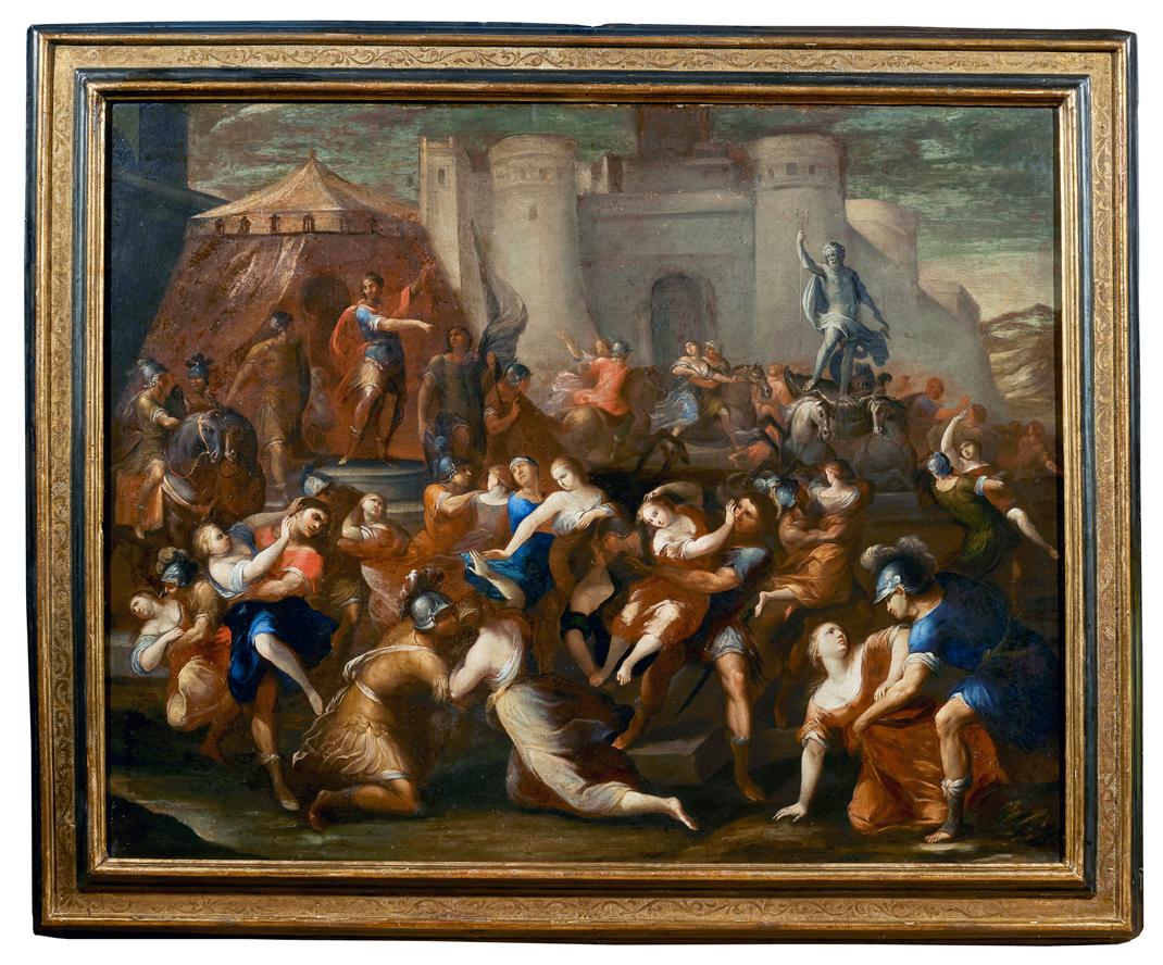 Painting, oil on canvas, size 105 x 130 cm without frame and 125 x 155 cm with a wonderful carved and gilded frame of the early 17th century, representing the real episode of rape of women sabines.

The rape of Sabines is one of the oldest events in