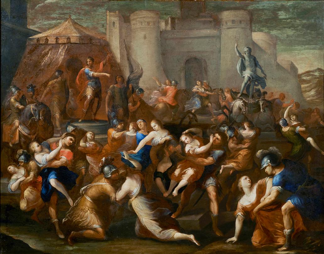 17th Century Francesco Allegrini The rape of Sabines Historical Oil on Canvas 1