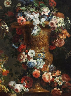 17th Century Verbruggen the Younger Still Life Flower Vase Oil on Canvas Gold