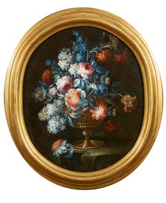 18th Century Piedmontese School Still Life Flower Vase Oil on Canvas Blue Pink