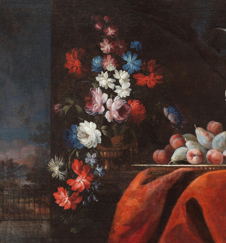 18th Century Ludovico Stern Still Life Flowers Fruits Rug Oil on Canvas Red Blue For Sale 1