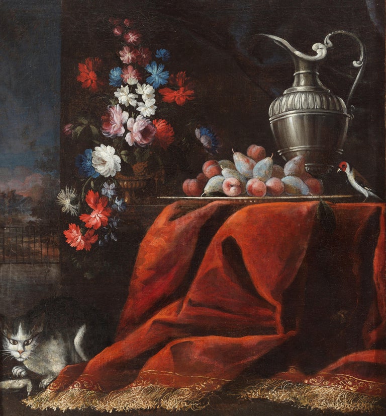 18th Century Ludovico Stern Still Life Flowers Fruits Rug Oil on Canvas Red Blue For Sale 3