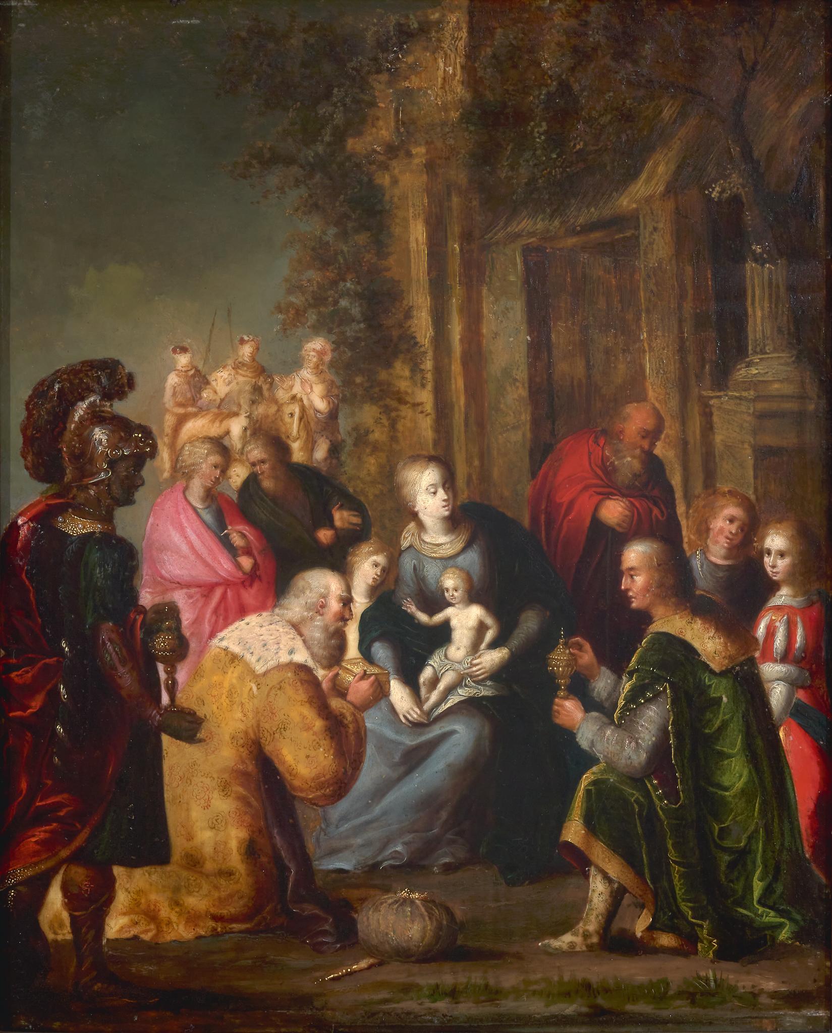 Louis de Caullery Figurative Painting - Adoration of the Magi - Oil on marble with gilt decorations - Flemish old master