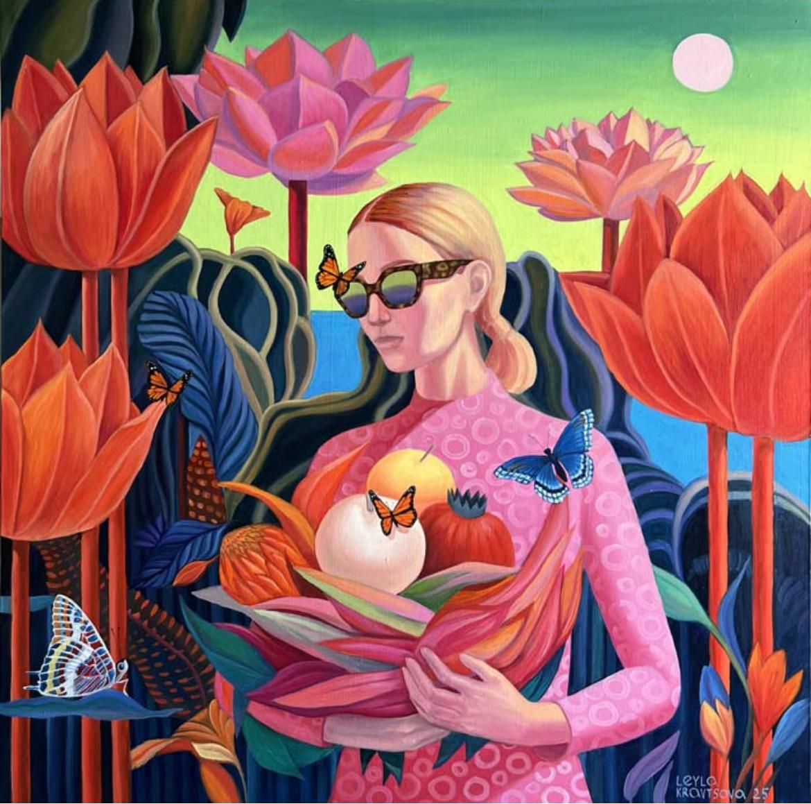 Leyla Kravtsova Figurative Painting - Here Comes the Sun, 100x100cm, oil on canvas