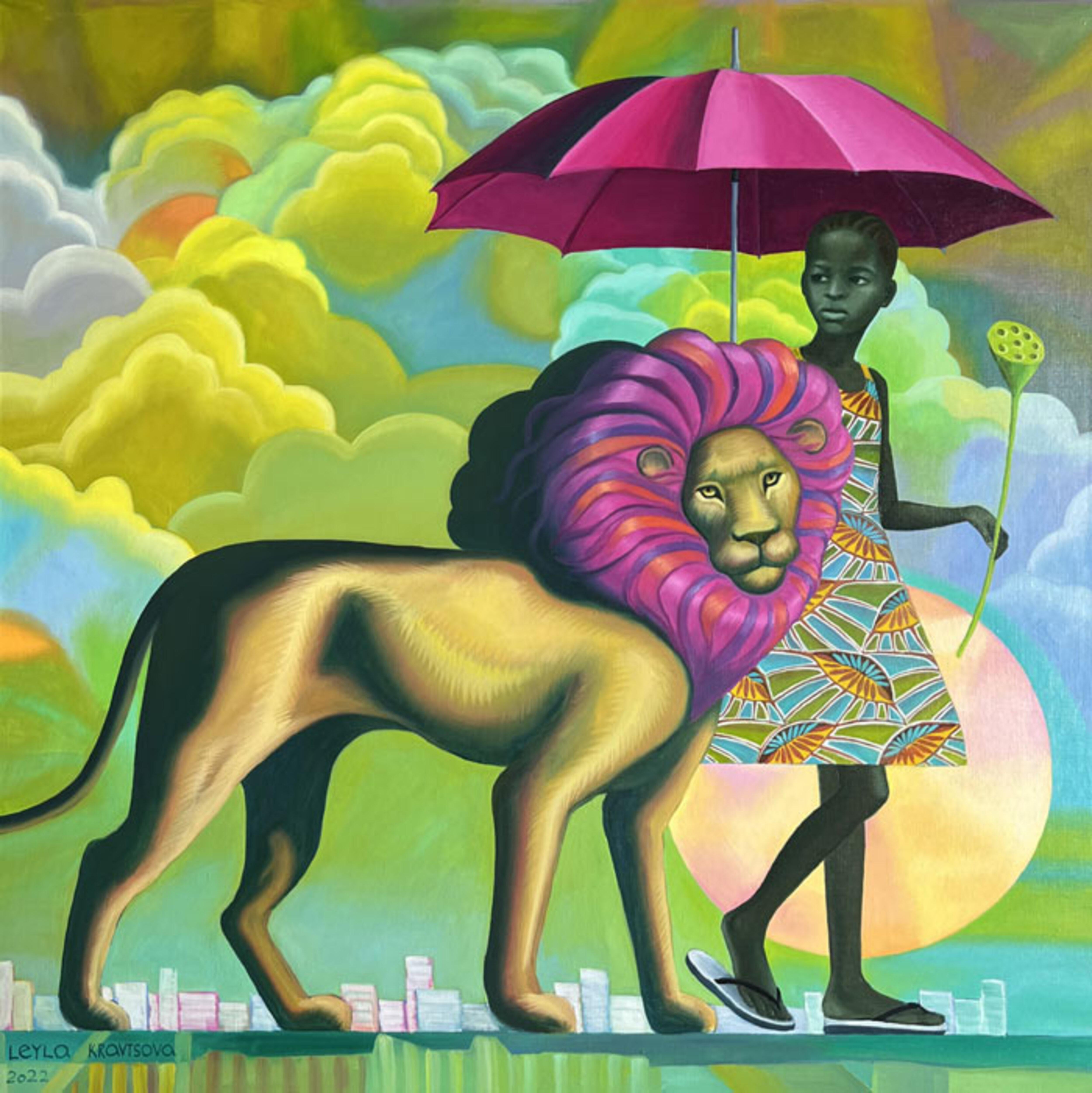 Girl and lion, 100x100cm