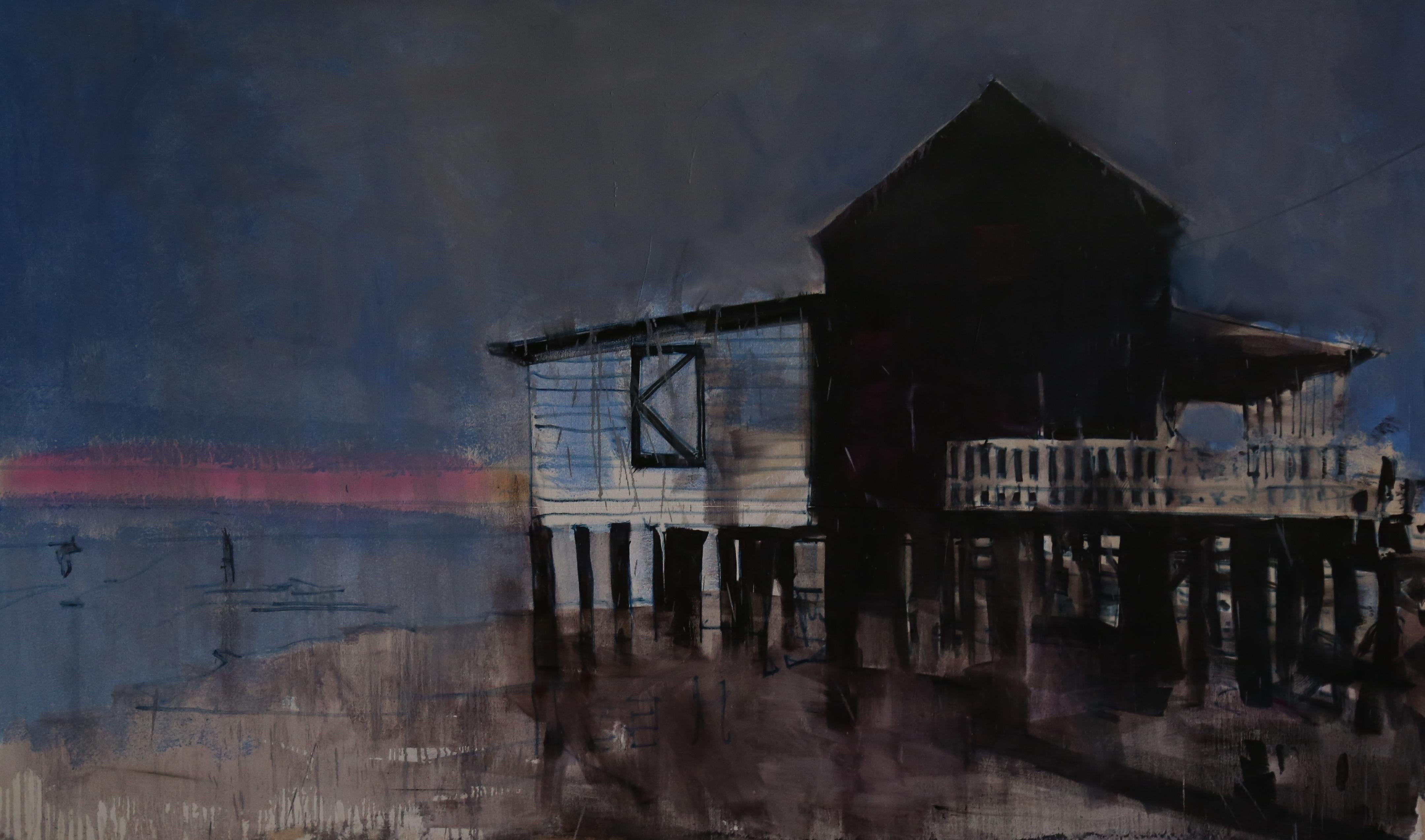 House by the ocean after sunset, 100x150cm - Art by Nikita Pavlov