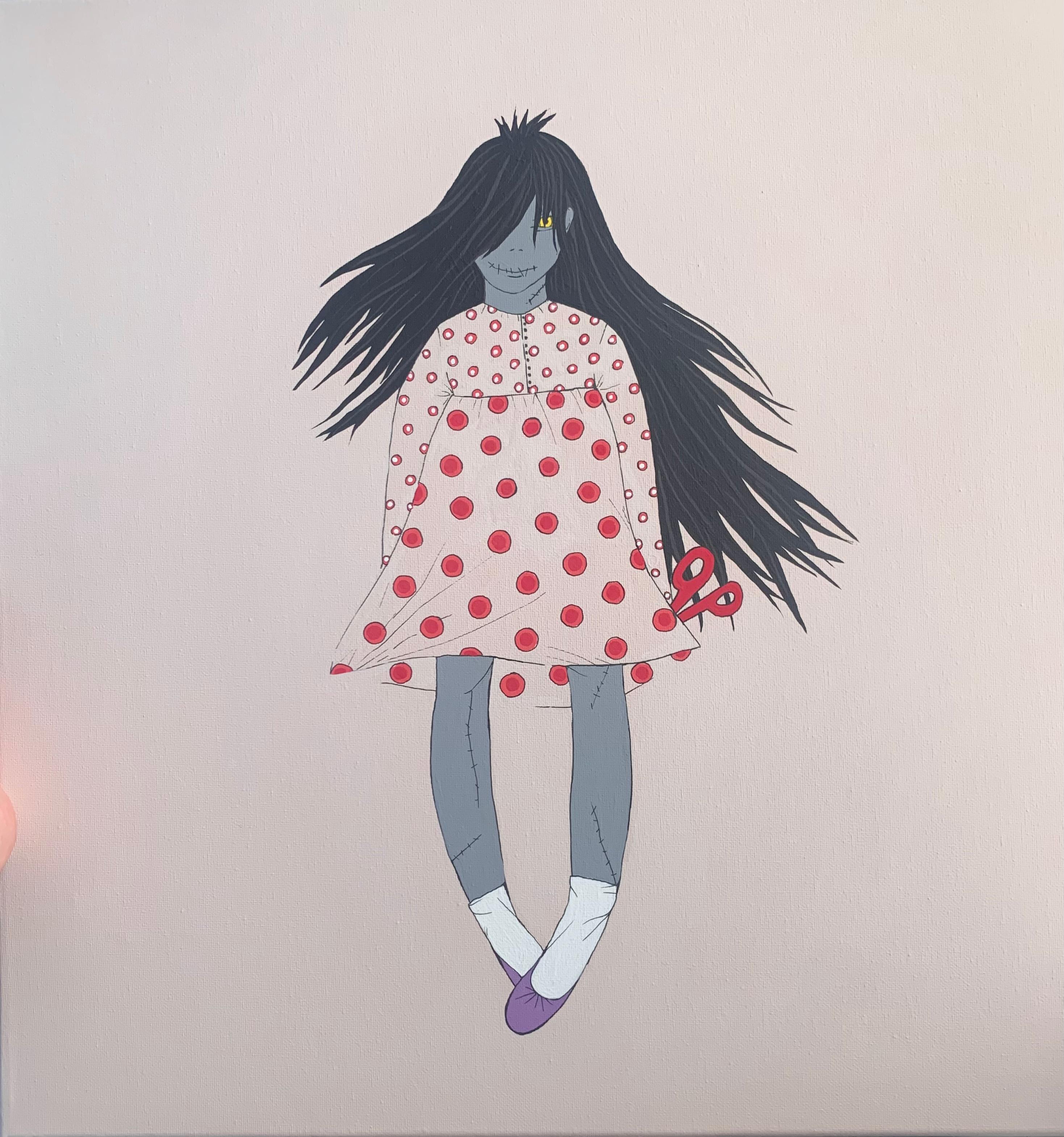 Zombie Girl  Figurative Painting - Zombie girl and Scissors, 50x50cm
