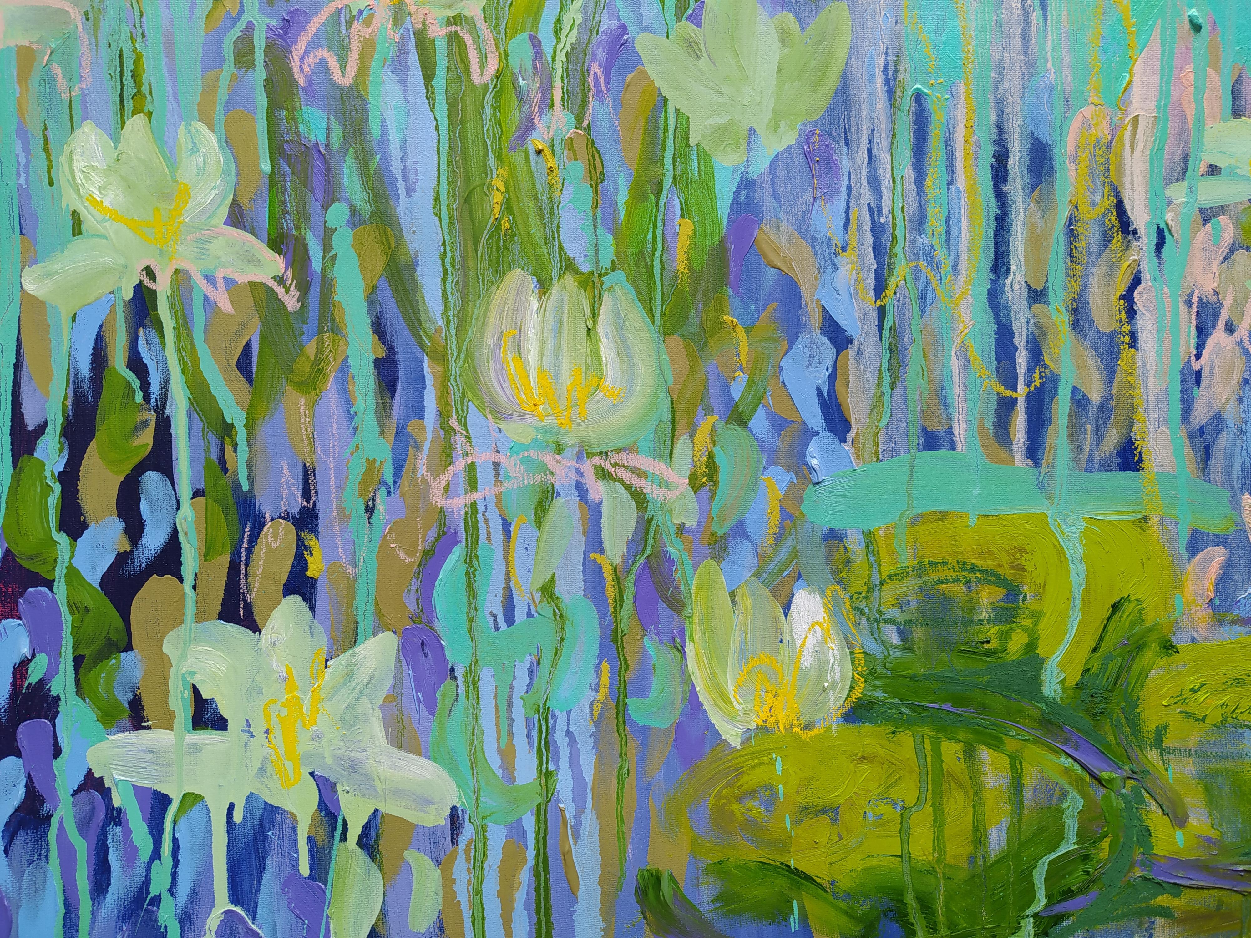 Pond, 75x95cm - Gray Abstract Painting by Fleur