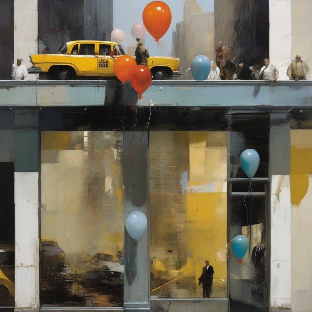 Hot Air Balloon Invasion of New York, 80x80cm, print on canvas - Print by Peter Simakov