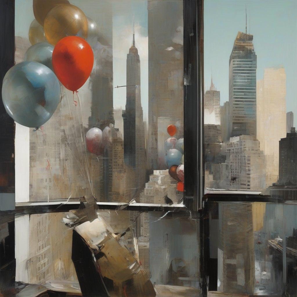 Hot Air Balloon Invasion of New York, 80x80cm, print on canvas - Art by Peter Simakov