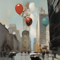 Heißluftballon-Invasion von New York, 80x80cm, Druck auf Leinwand