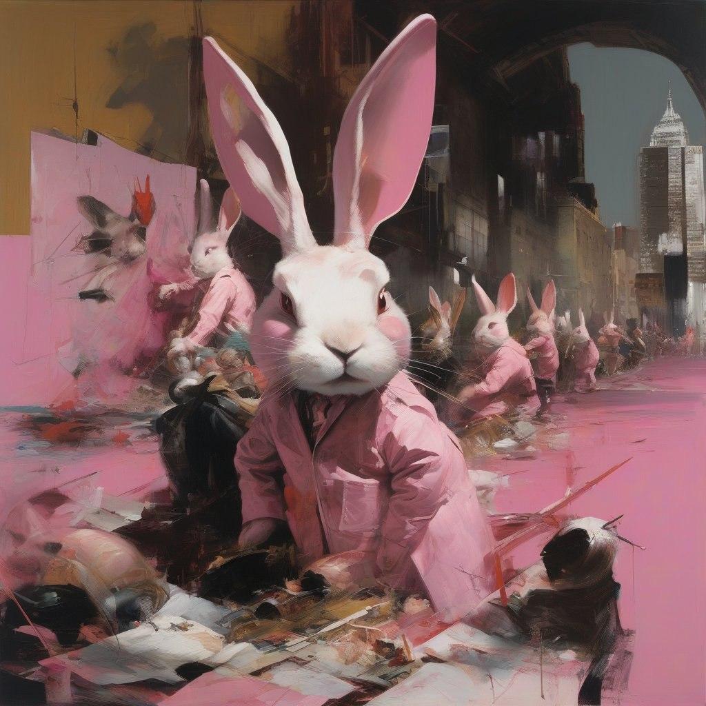 Pink bunnies have taken over the city, 80x80cm, print on canvas - Print by Peter Simakov