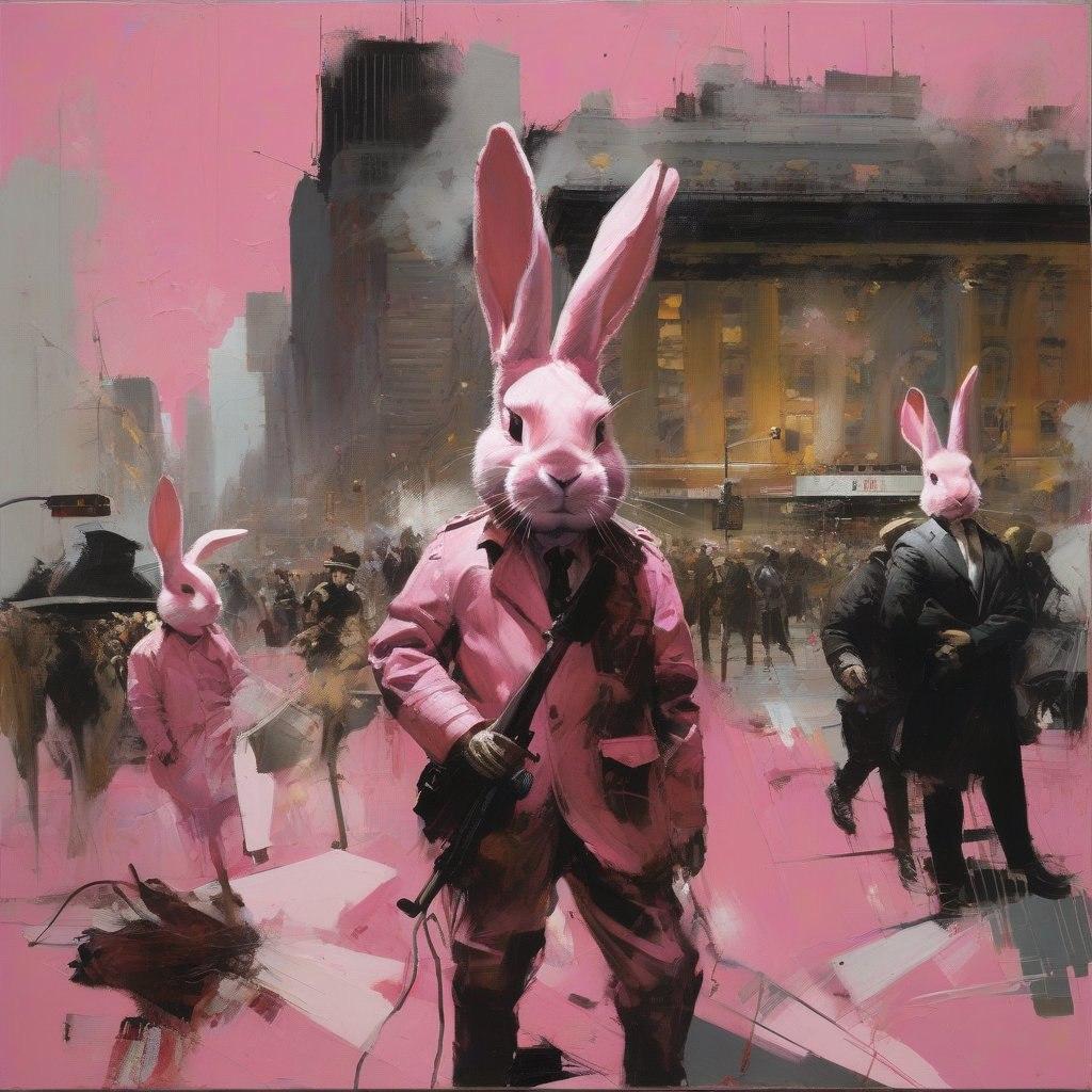 Pink bunnies have taken over the city, 80x80cm, print on canvas - Art by Peter Simakov