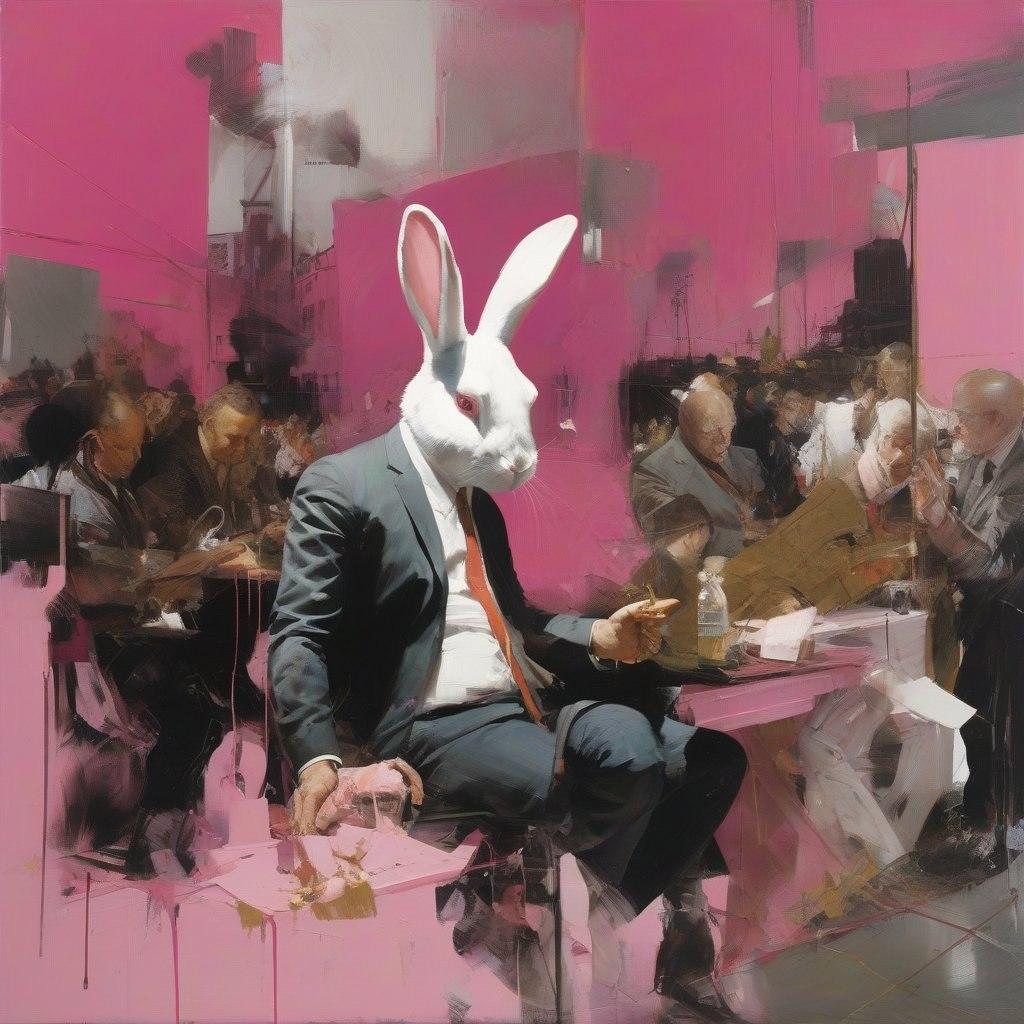 Pink bunnies have taken over the city, 80x80cm, print on canvas - Print by Peter Simakov