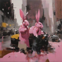 Les lapins roses ont pris la ville, 80x80cm, impression sur toile