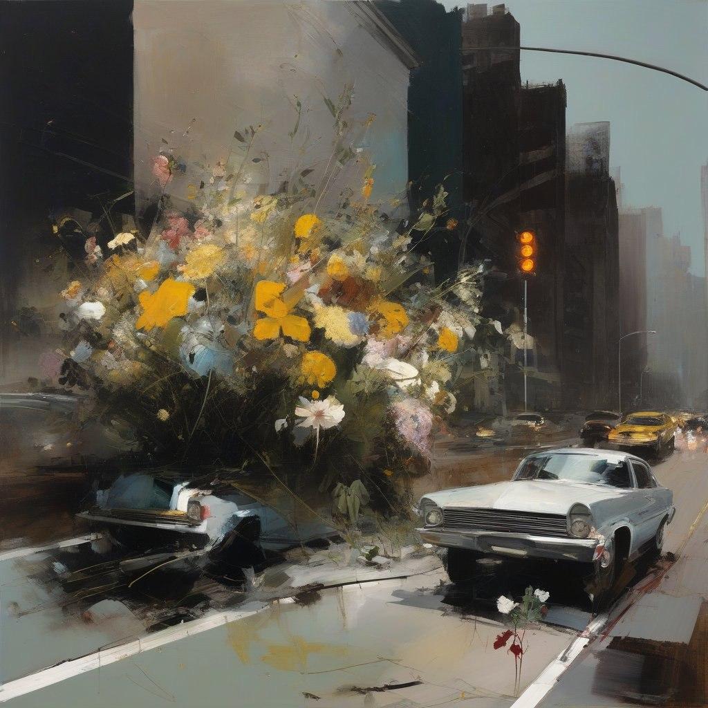 flowers and cars, 80x80cm, print on canvas