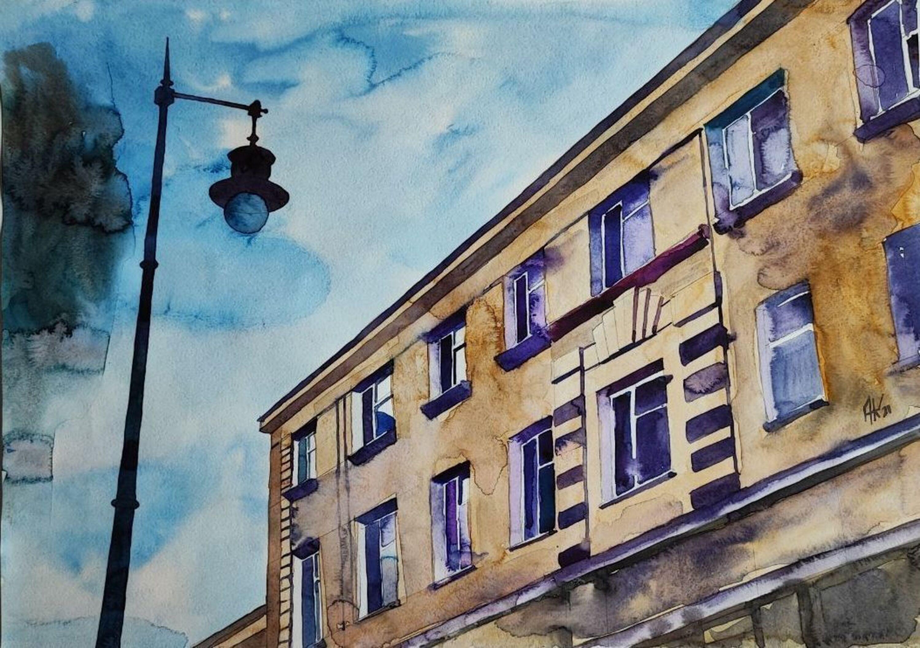 Along a curved street, 60x40cm, watercolor, paper