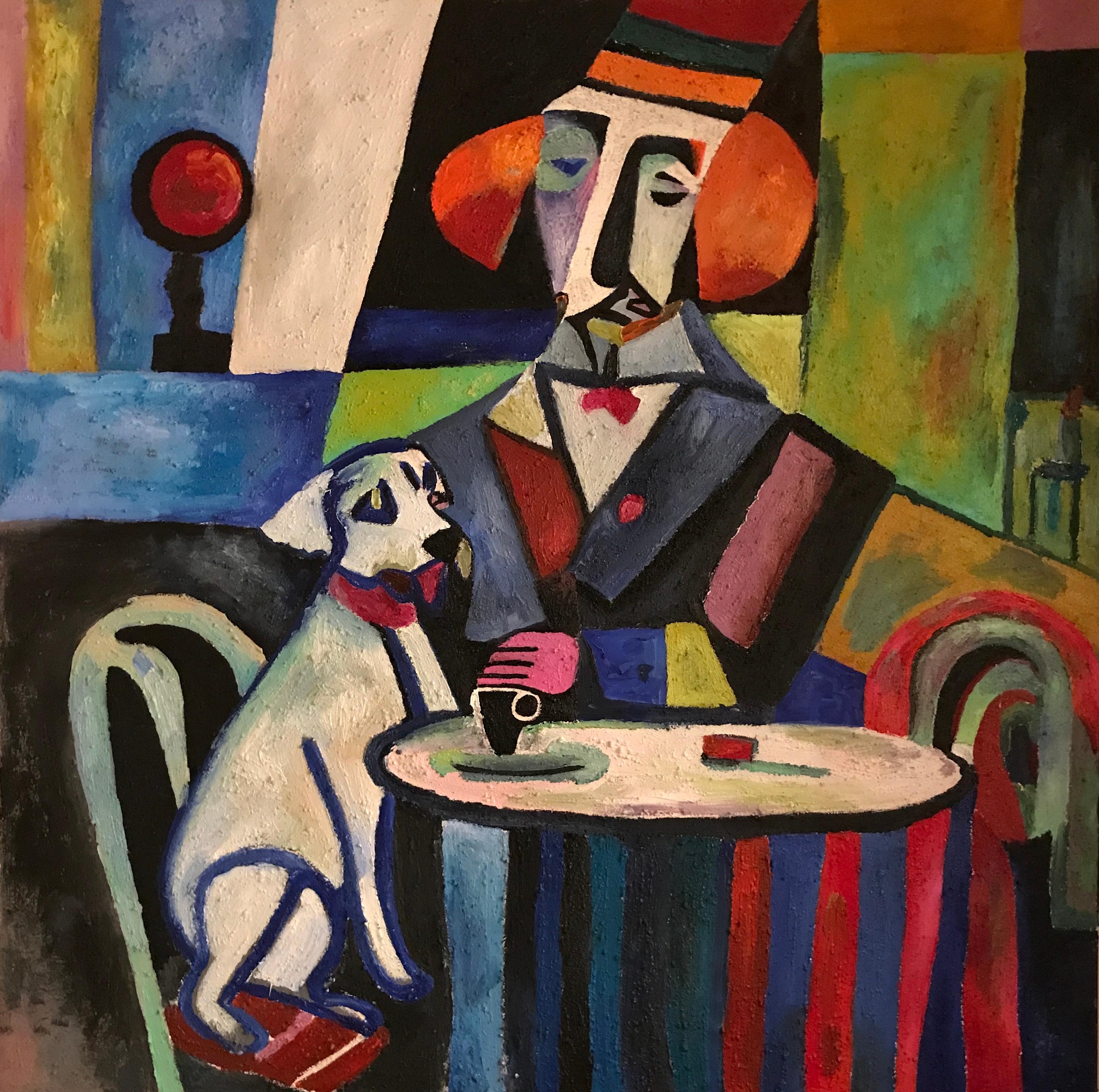Doggie Shmul and a cup of coffee, 100x100cm, Oil, Canvas, Sand - Painting by Tanya Brodskaya