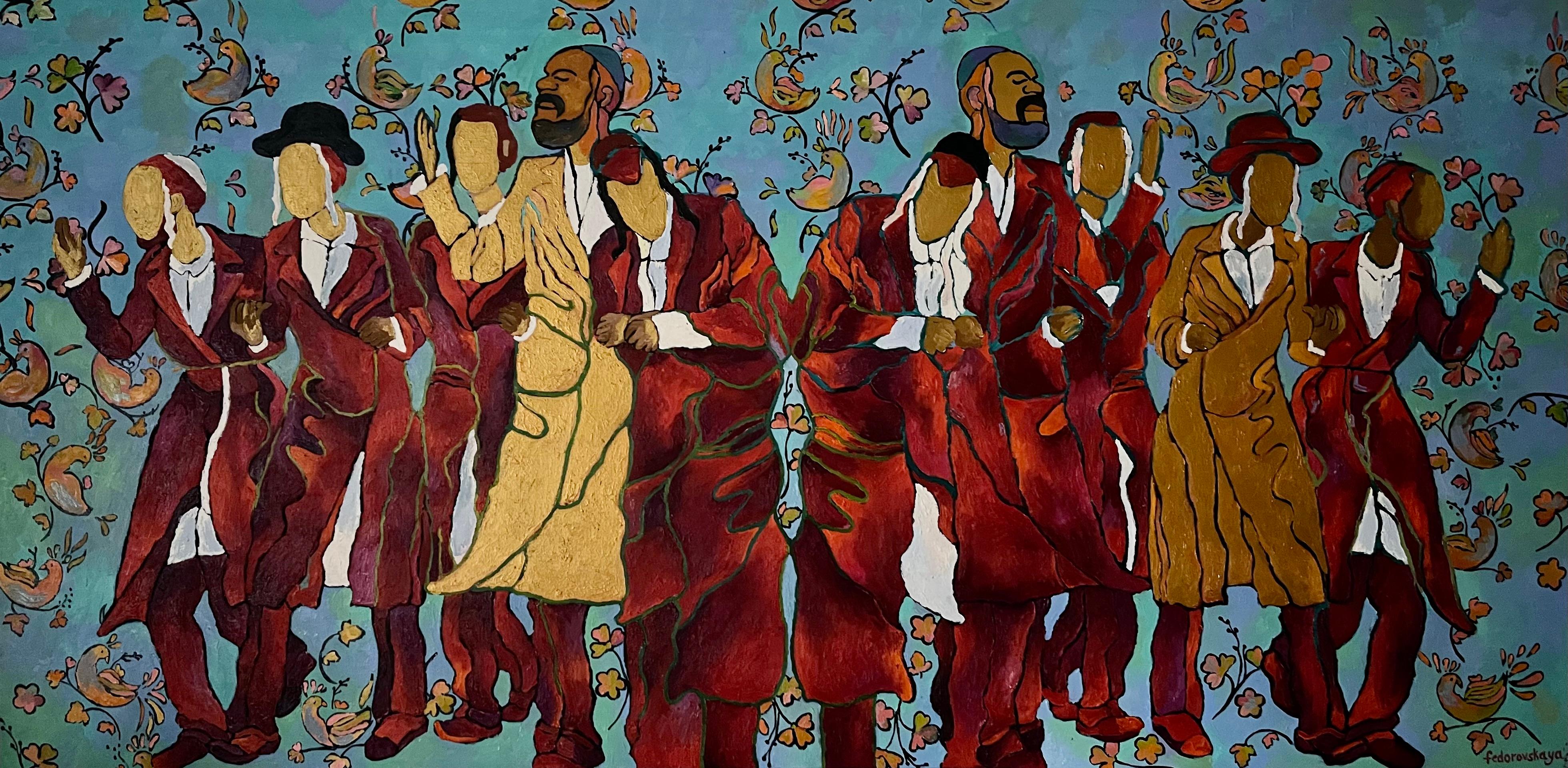 Golden coat and birds, 100x200cm, Oil, Canvas - Painting by Tanya Brodskaya