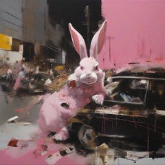 Pink bunnies have taken over the city, 80x80cm, print on canvas