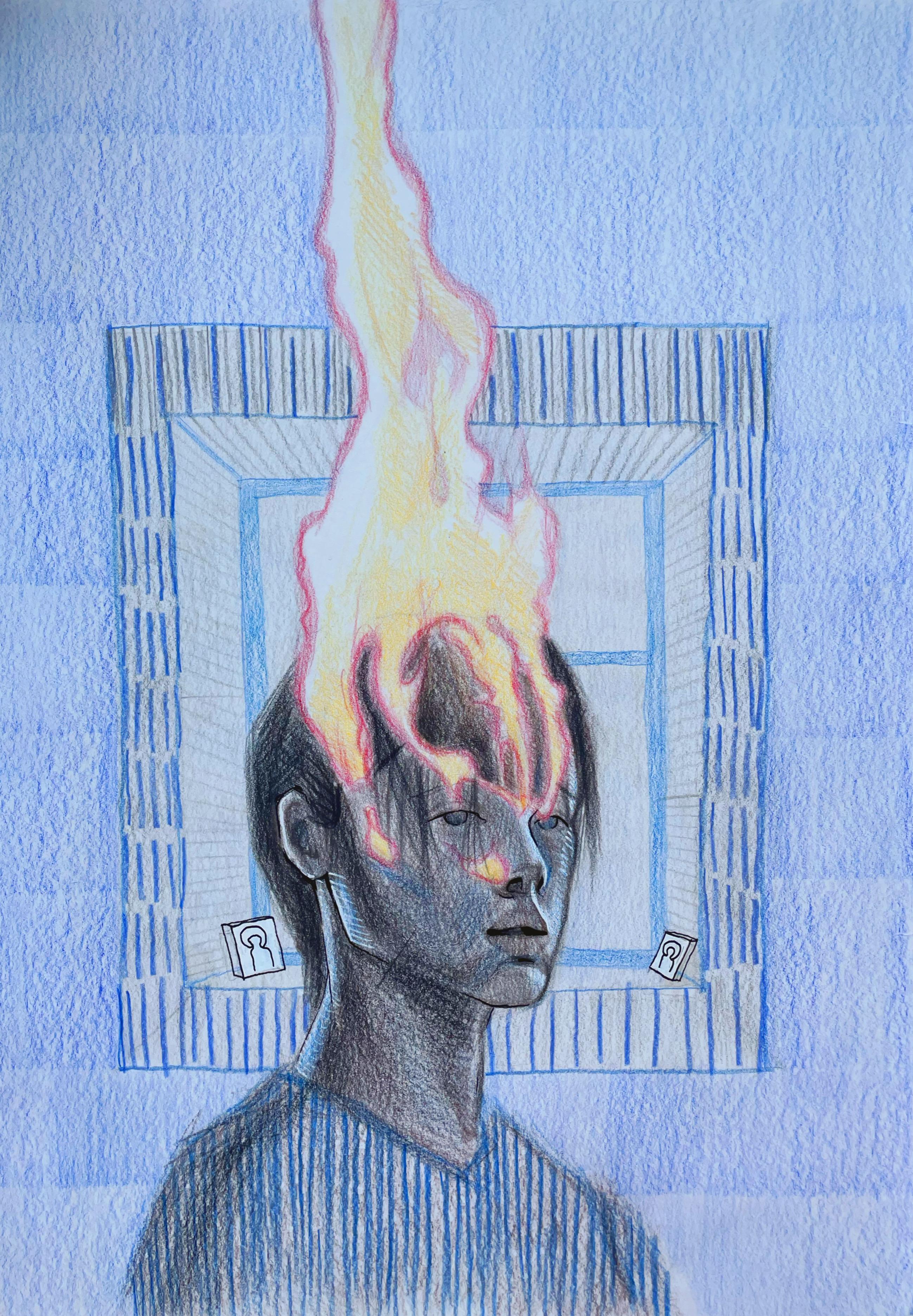 “on fire”. Colored pencils on paper. 21 х 30 cm. 2022 - Art by Polina Gulgas