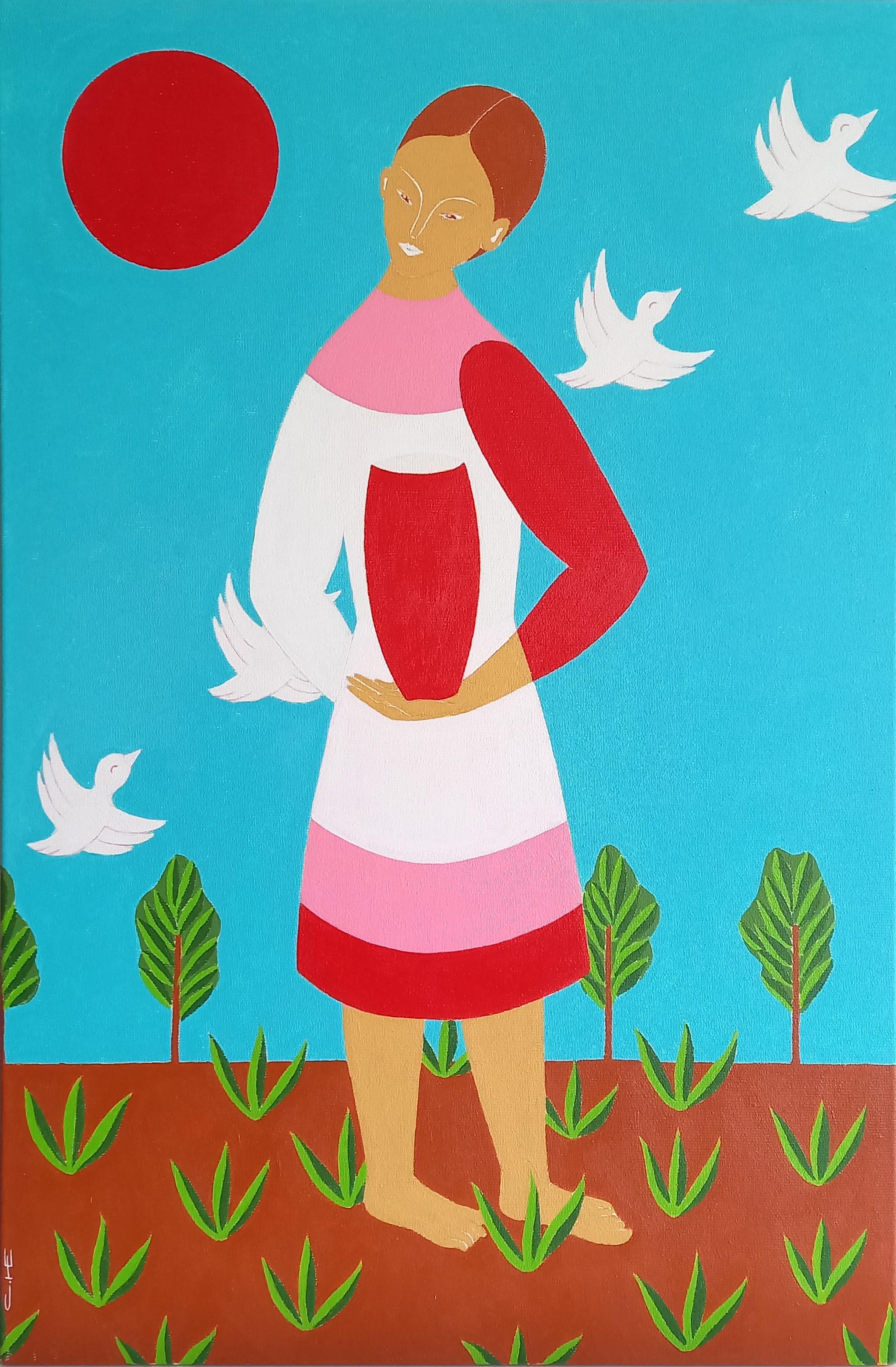 Girl, red jug and white birds, 60x40cm - Painting by Sasha Katinauskiene