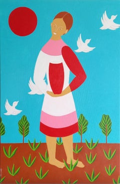 Mädchen, roter Krug und weiße Vögel, 60x40cm
