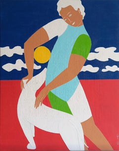 Girl with a yellow ball and a white dog, 50x40cm