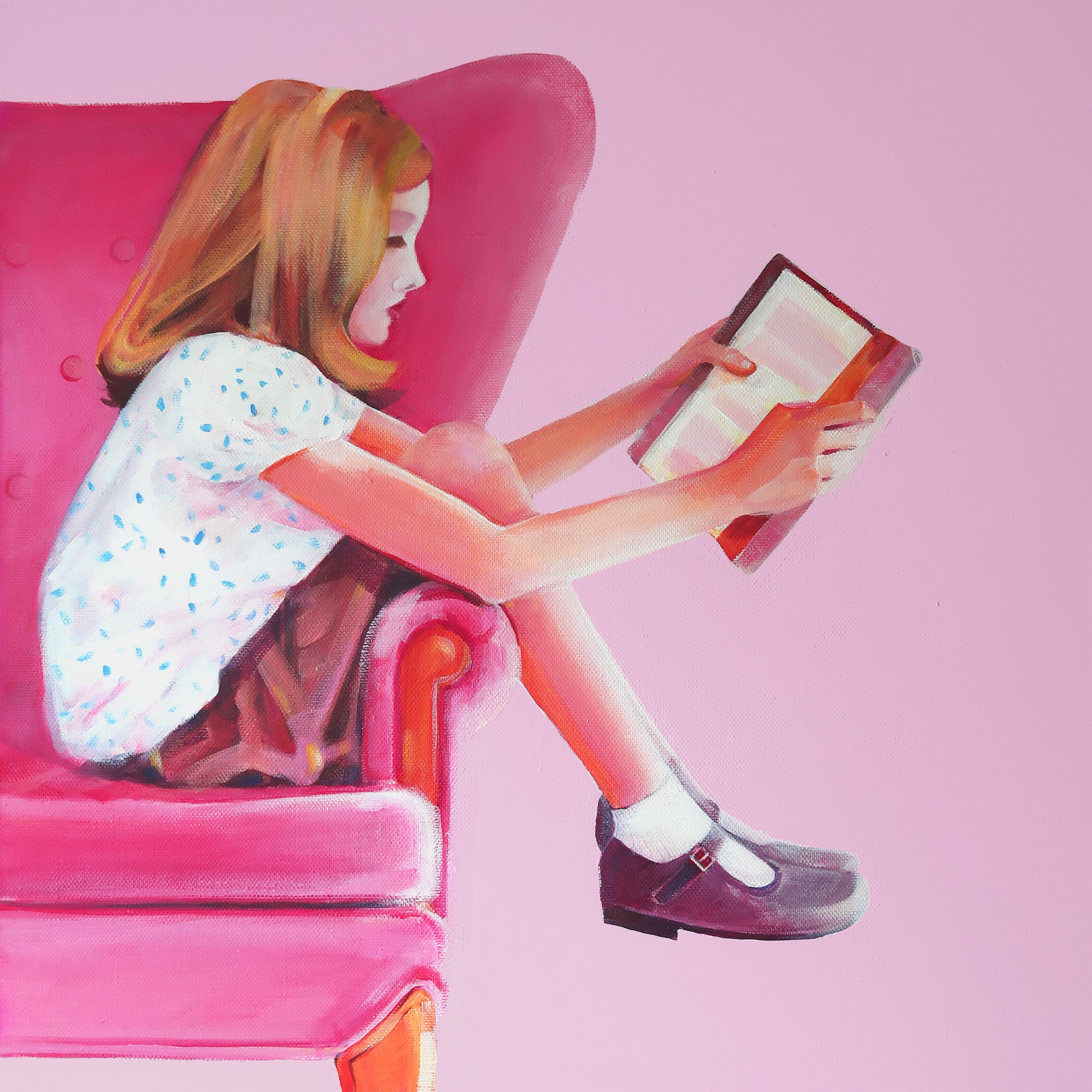 Girl in pink chair, 70x70cm, acrylic/canvas - Painting by Svetlana Iskoskikh