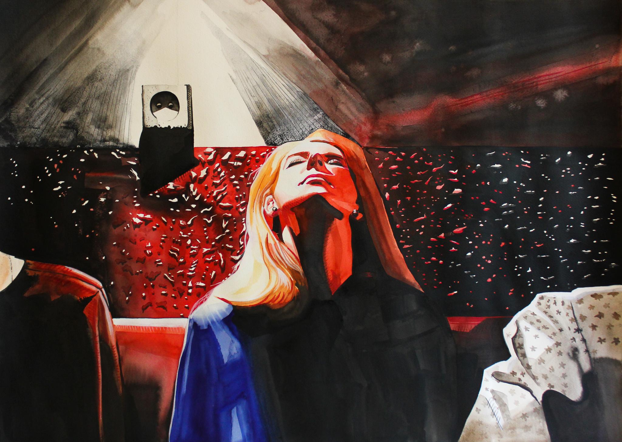  “Katarina on fire”. Watercolor, ink, cotton. 76 х 56 cm. 2021. - Art by Polina Gulgas
