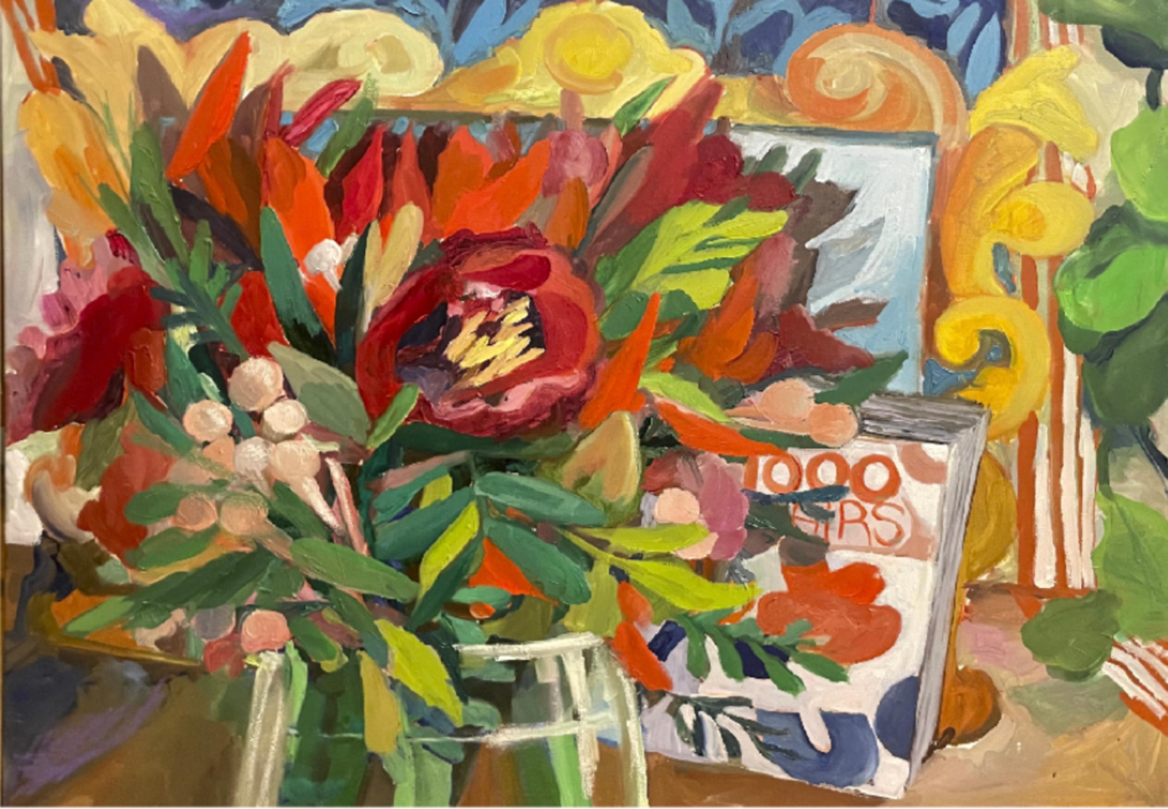 Red peonies and books, 60x80cm - Painting by Lera Zimyatova