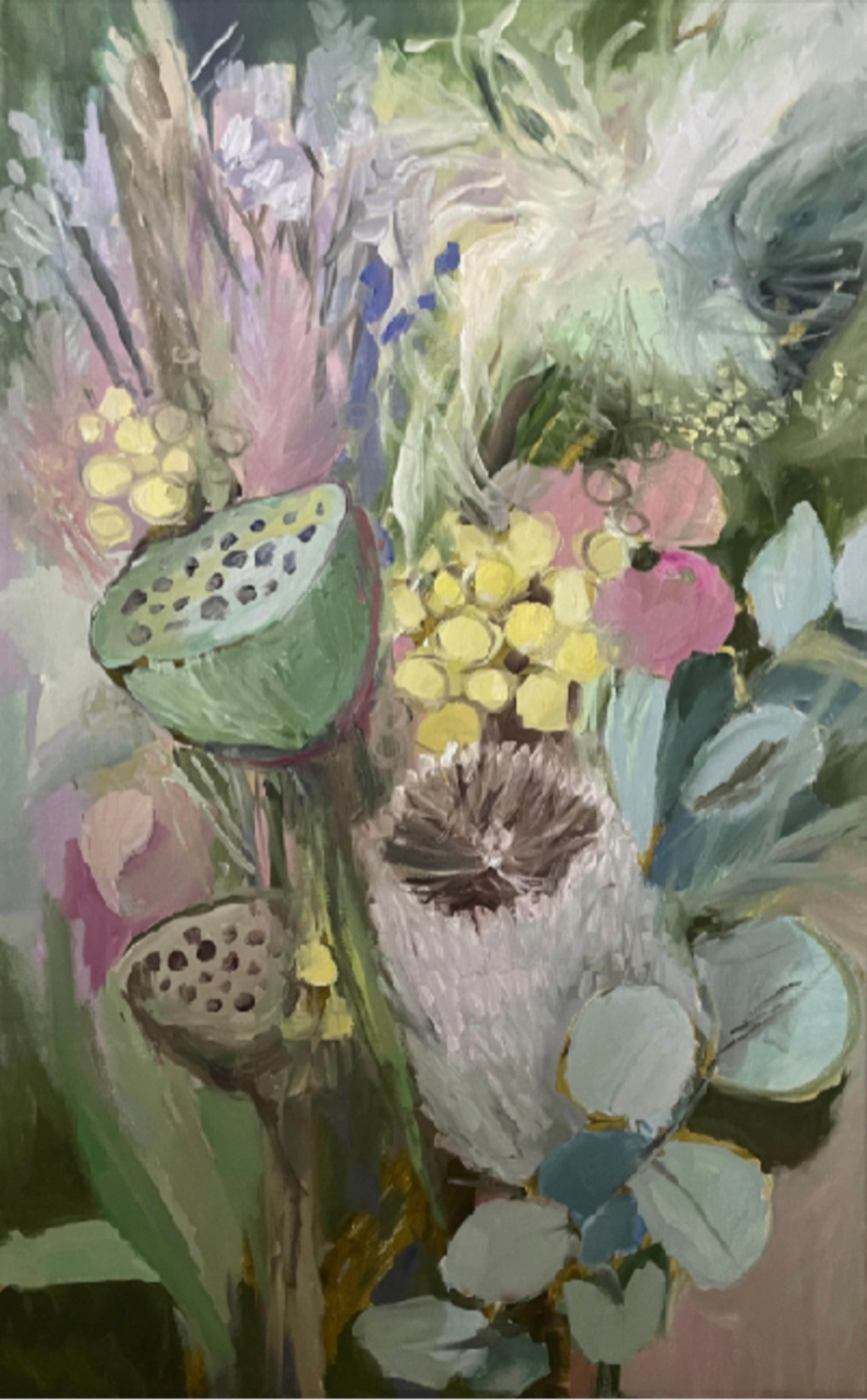 Protea and greens, 80x50cm - Art by Lera Zimyatova