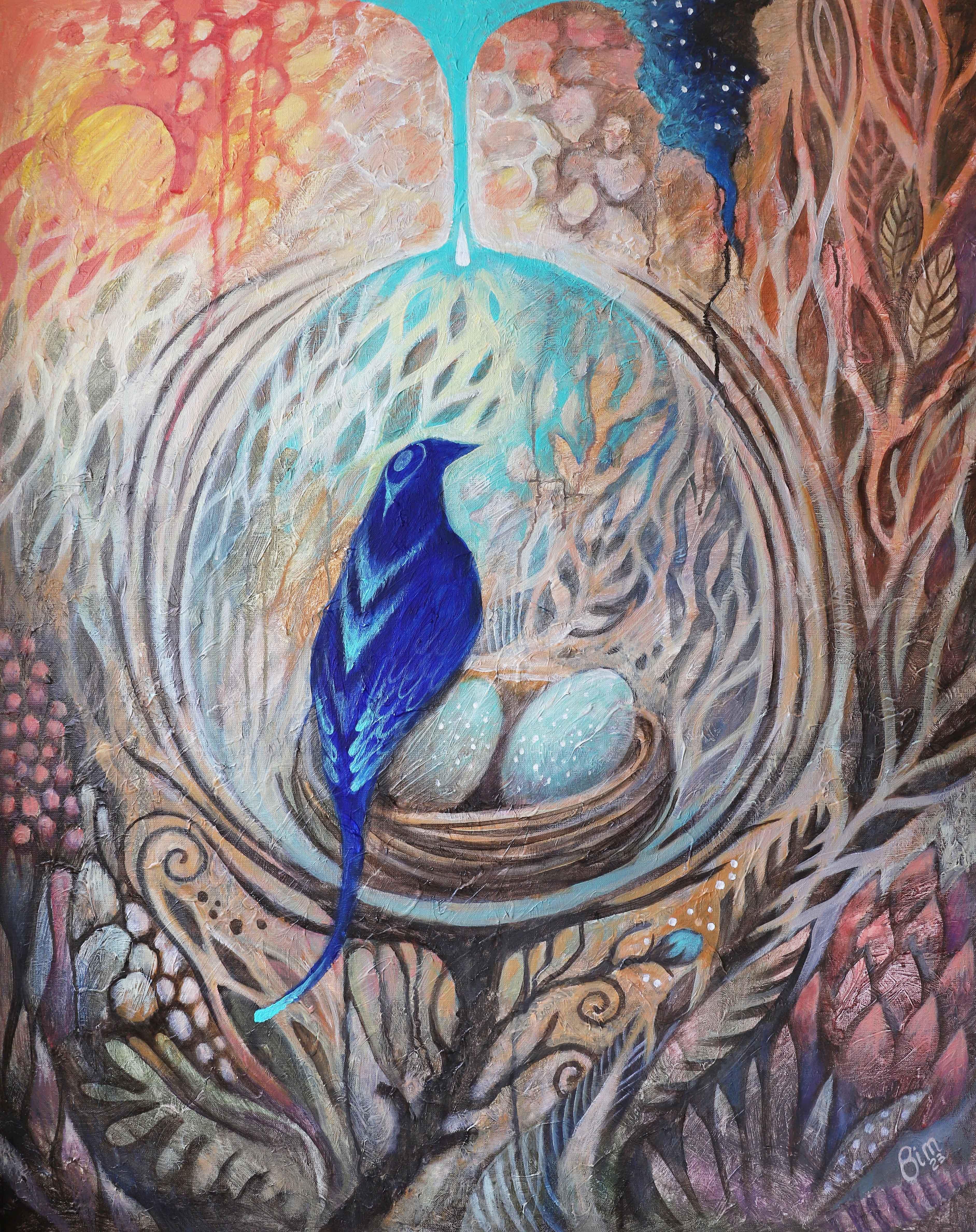 Blue bird of happiness, 100x80cm - Art by Katya Bim