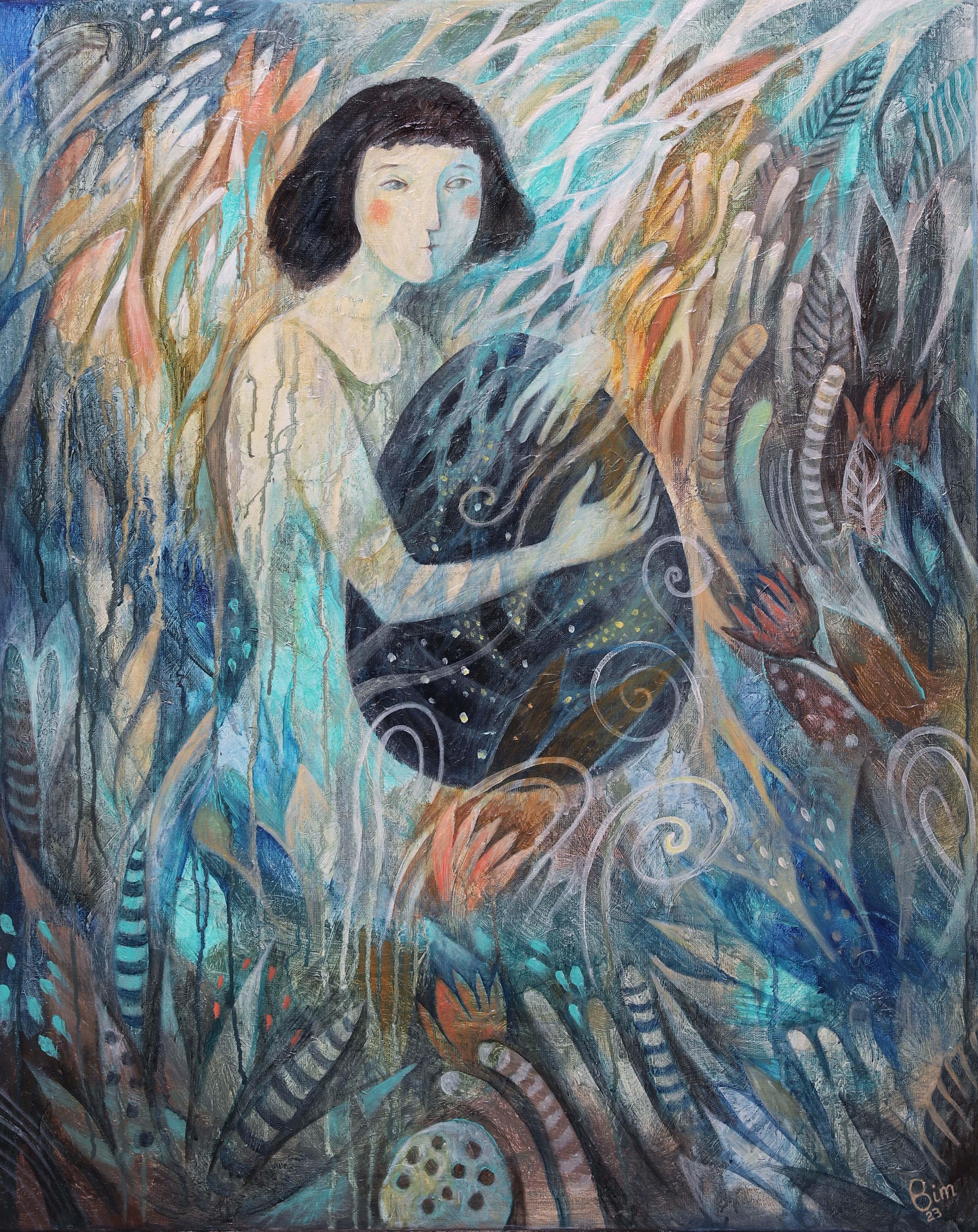 Blue bird of happiness, 100x80cm - Painting by Katya Bim