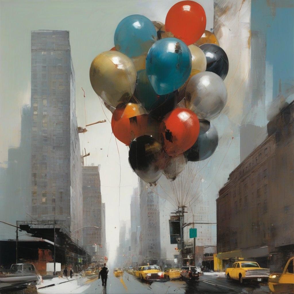 Hot Air Balloon Invasion of New York, 80x80cm, print on canvas - Art by Peter Simakov