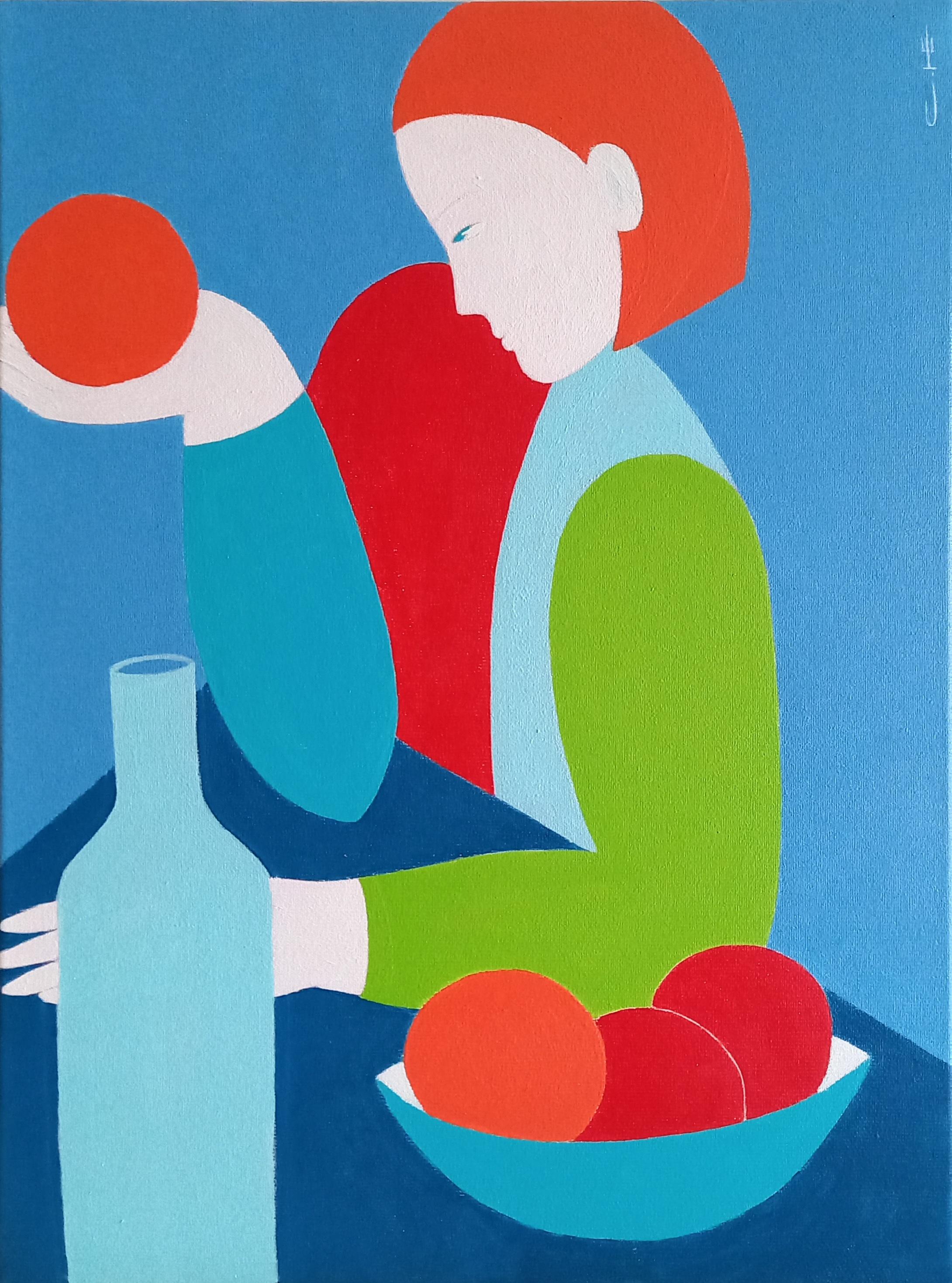 Girl with oranges. Blue dining room, 40x30cm - Art by Sasha Katinauskiene