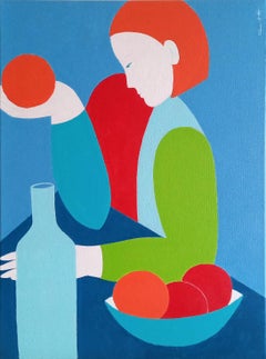 Girl with oranges. Blue dining room, 40x30cm