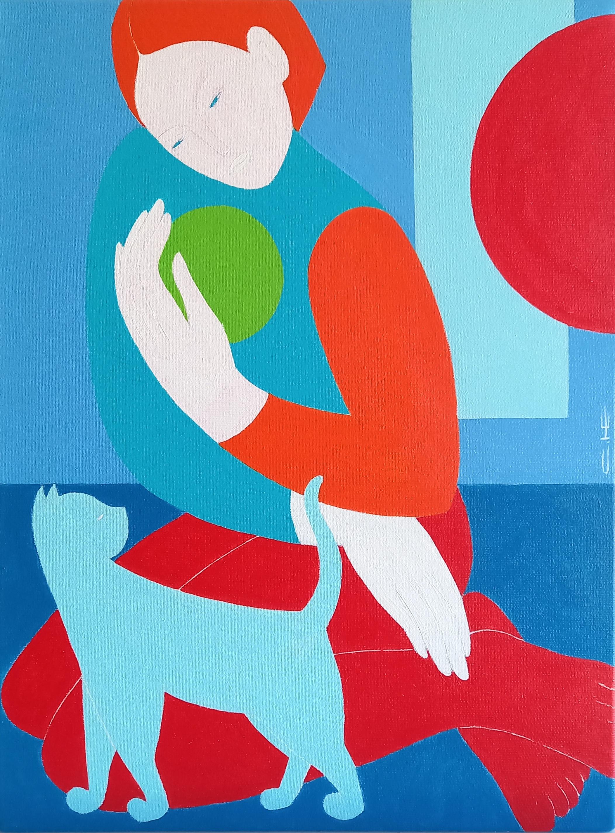 Girl in red tights and blue cat, 40x30cm - Painting by Sasha Katinauskiene