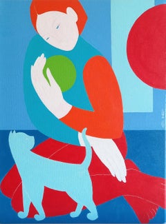 Girl in red tights and blue cat, 40x30cm