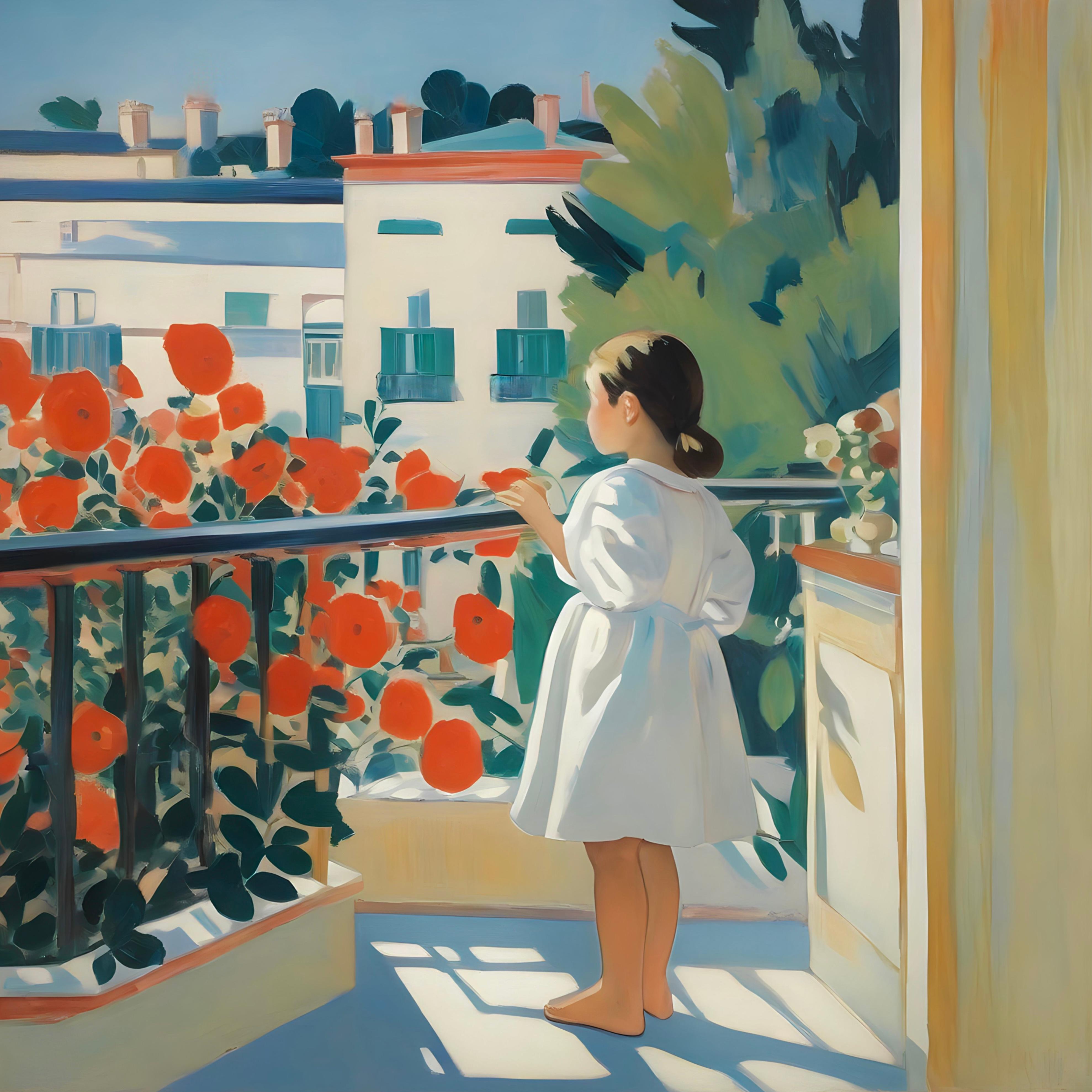 Nina Tsoriti Still-Life Print - On the balcony , 70x70cm, print on canvas