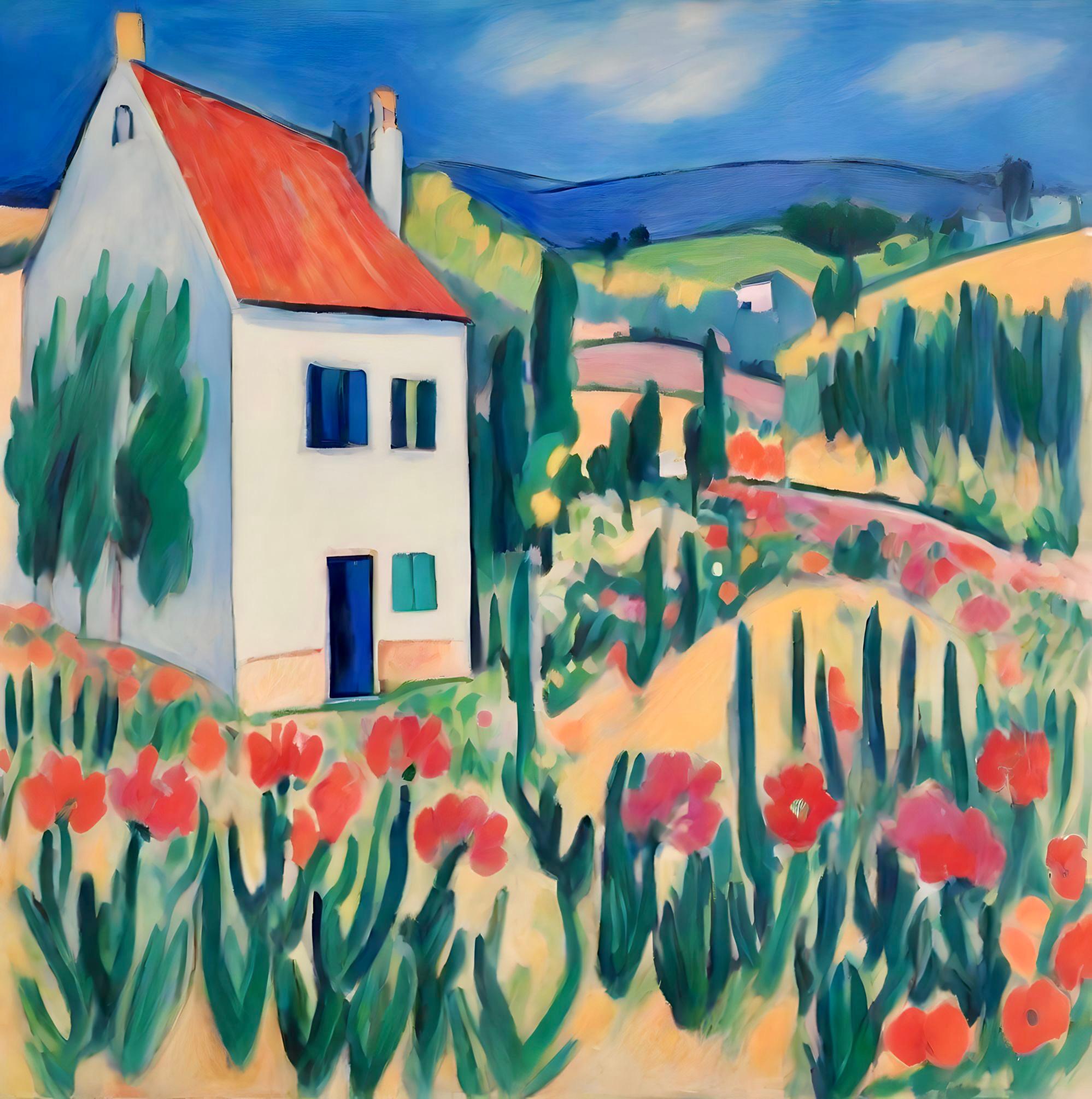 Summer in the village , 50x50cm, print on canvas - Print by Nina Tsoriti