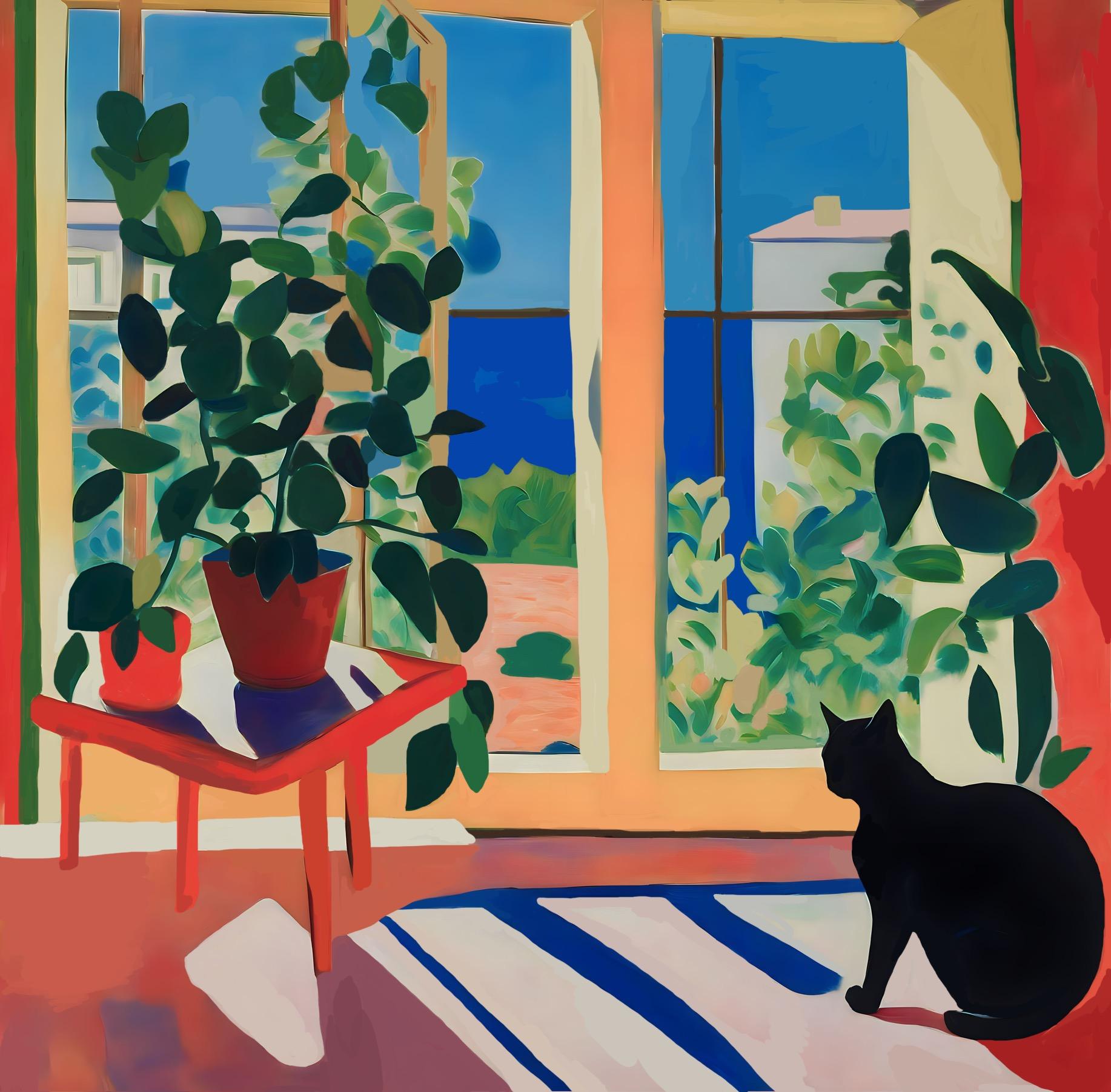Black cat for good luck, 70x70cm, print on canvas - Print by Nina Tsoriti